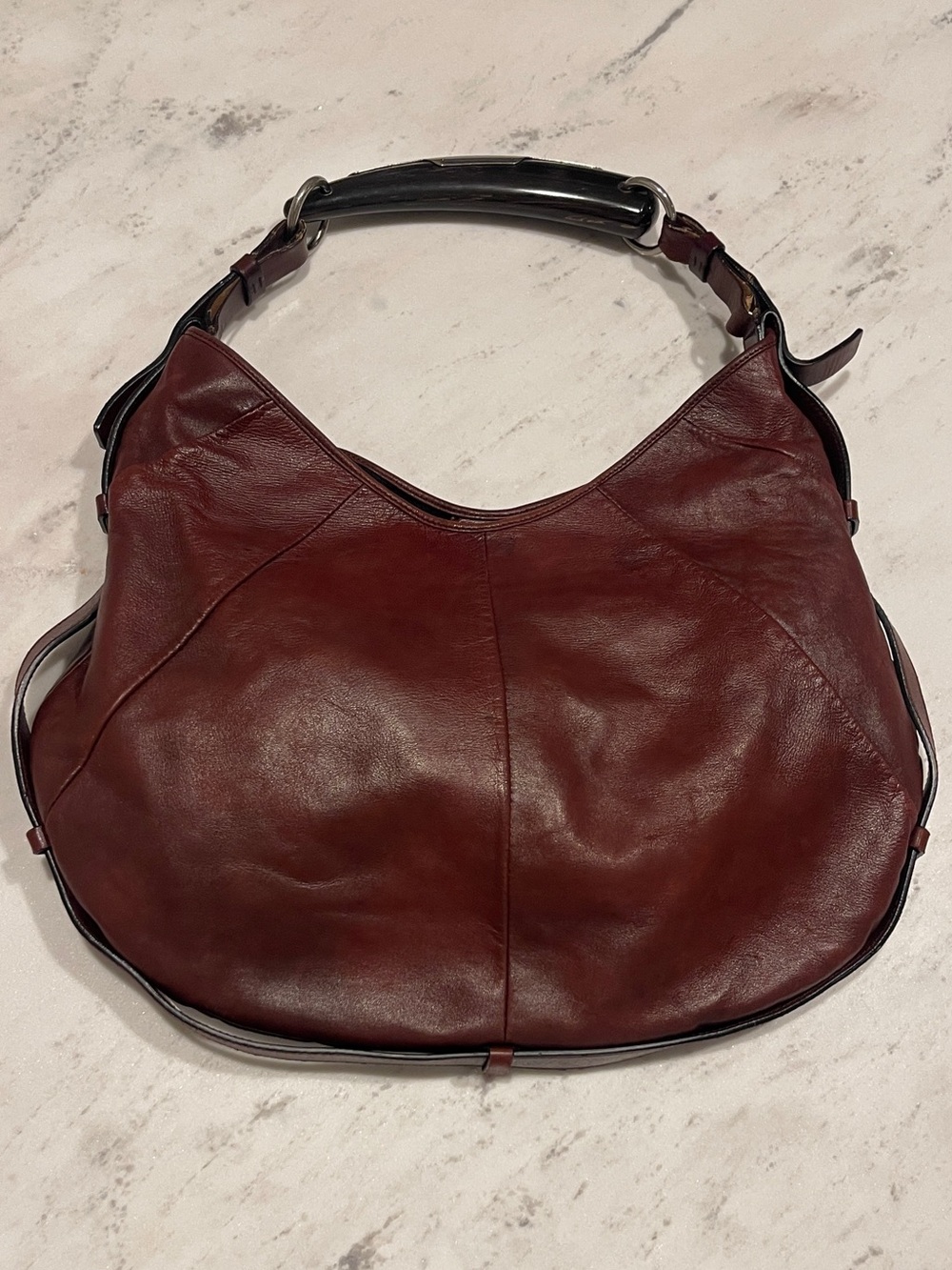 Yves Saint Laurent Lambskin Mombasa Horn Shoulder Bag in Deep Burgundy